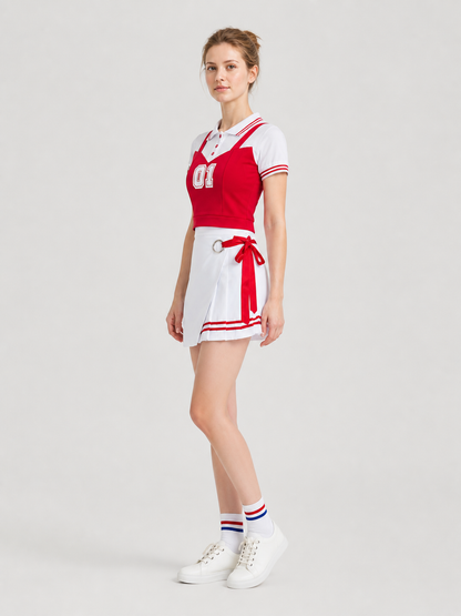 Red and White Cheerleading Costume, Shirt and Skirt side view