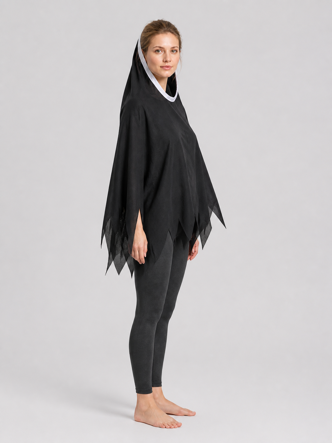 Halloween Nun Costume with Hood and Ragged Edges side view