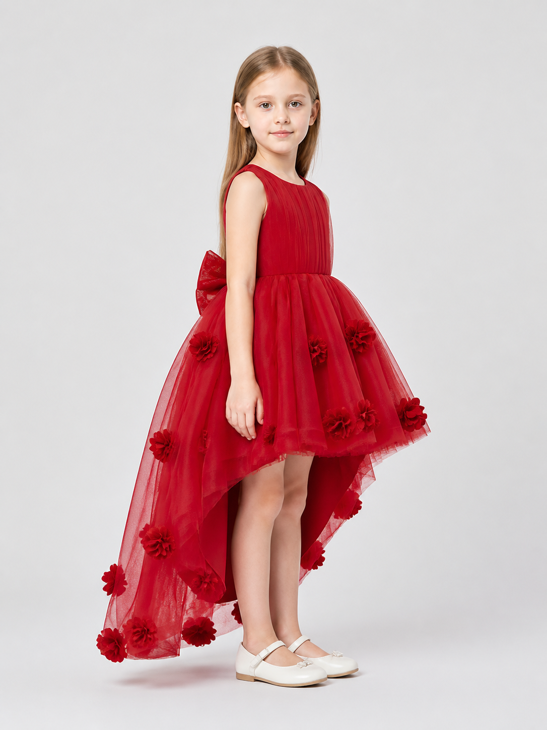 Children's Red Dress with Train, Sleeveless, Bow side view