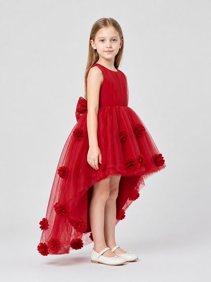 Children's Red Dress with Train, Sleeveless, Bow side view