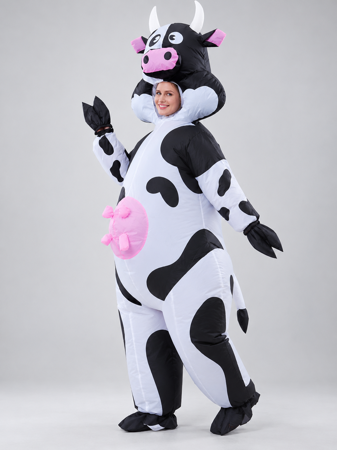 Inflatable Cow Costume with Horns and Pink Details