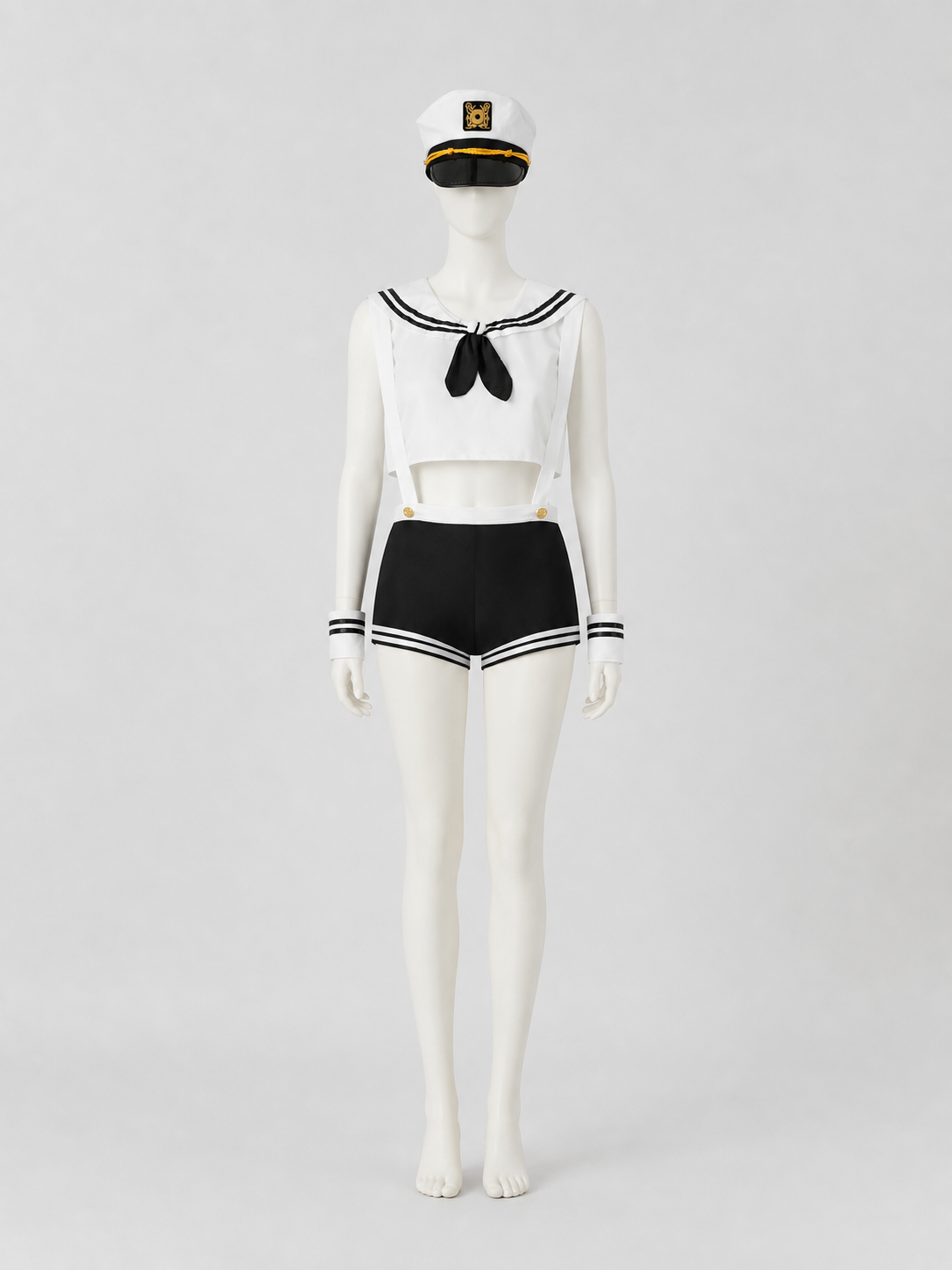 Sailor Costume: White Top, Black Shorts, Sailor Cap side view