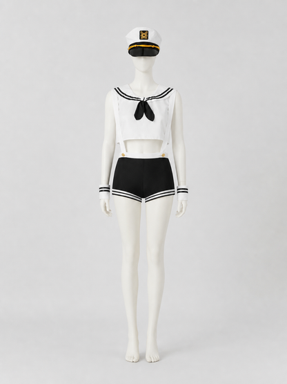 Sailor Costume: White Top, Black Shorts, Sailor Cap side view