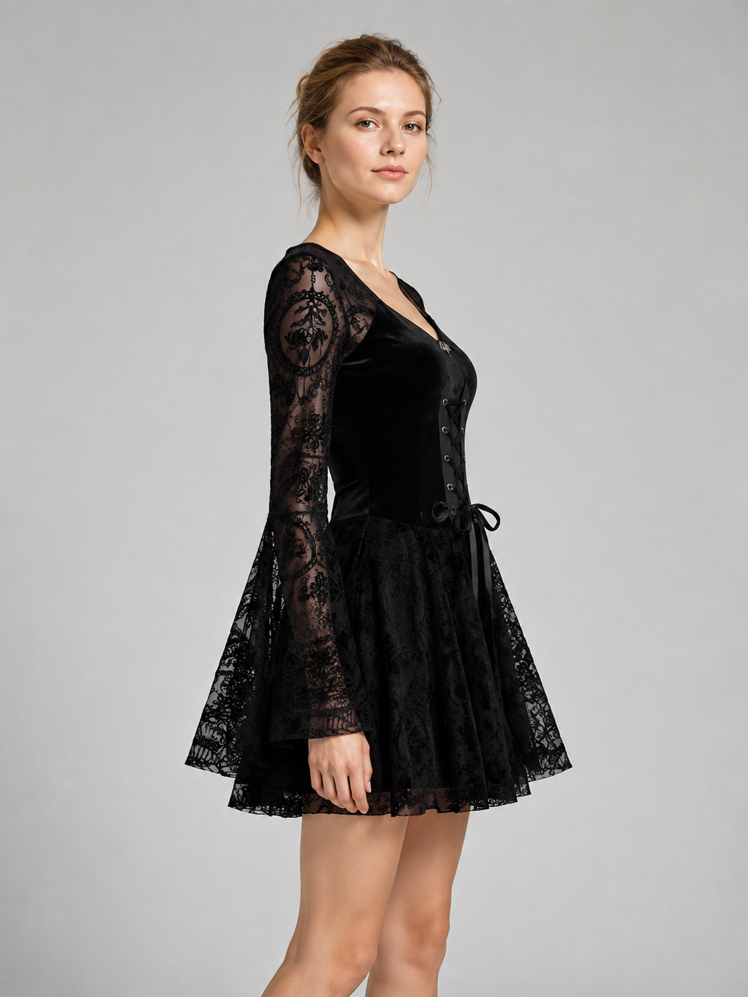 Short Black Dress with Lacing and Lace Pattern side view