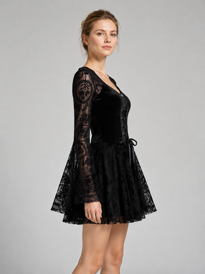 Short Black Dress with Lacing and Lace Pattern side view