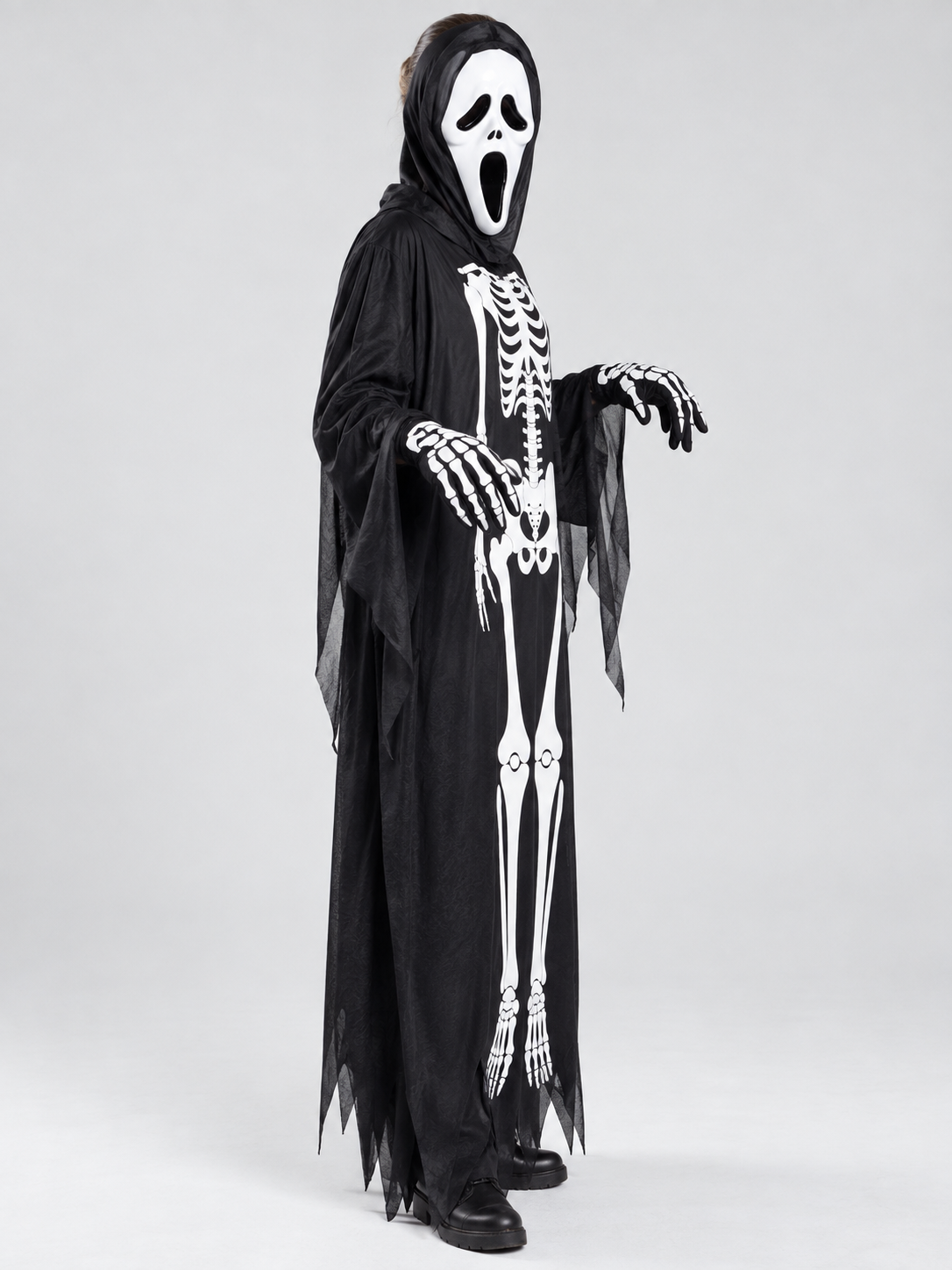 Skeleton Costume with Mask and Hood side view