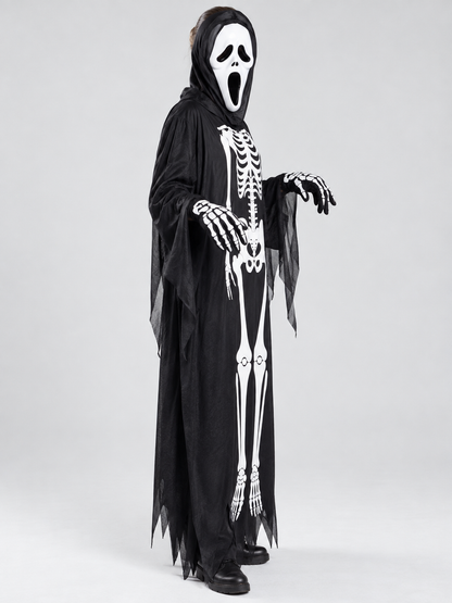 Skeleton Costume with Mask and Hood side view