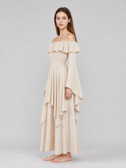 Red off-the-shoulder maxi evening dress