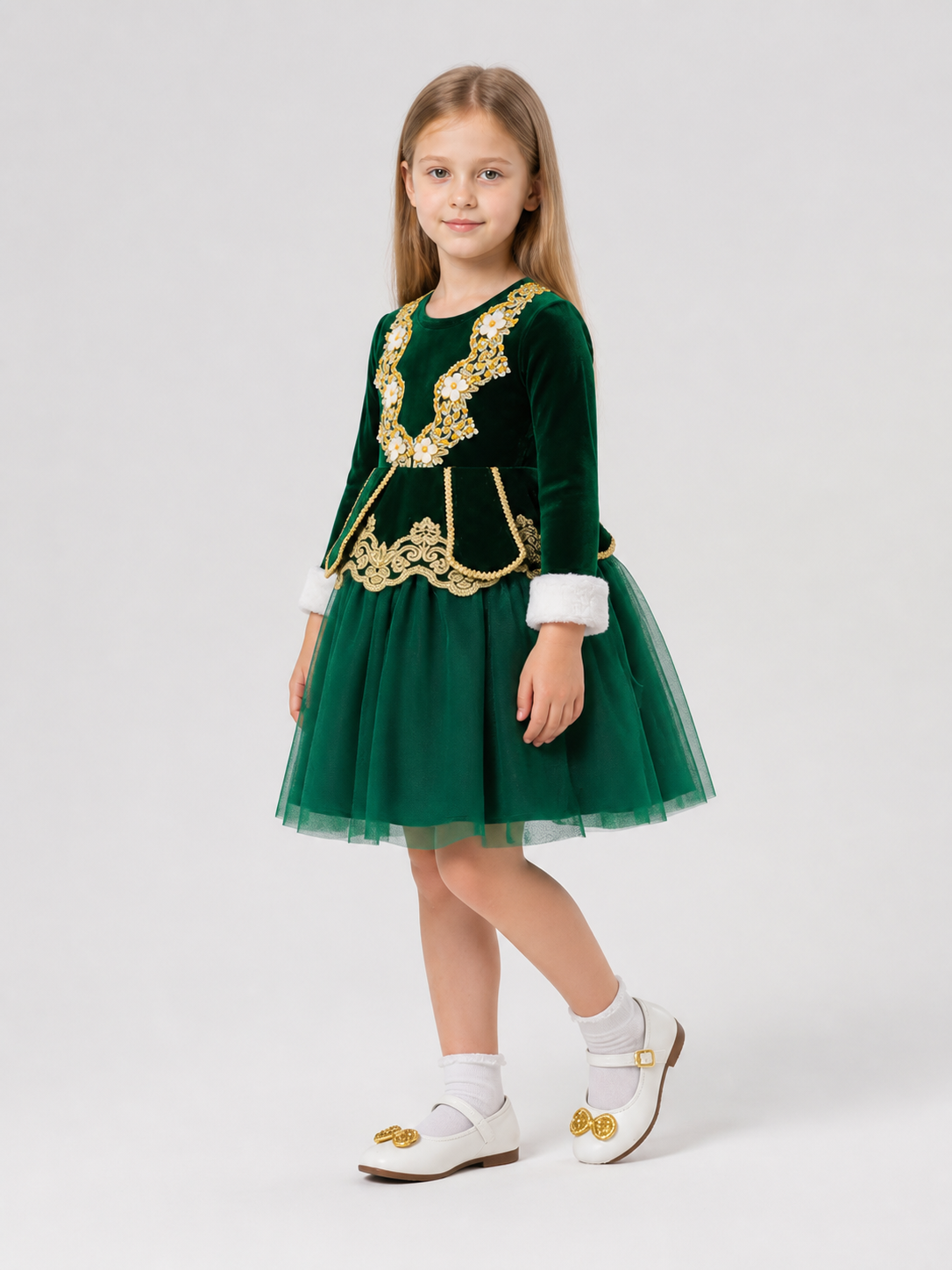 Children’s Christmas Dress with Full Skirt and Embroidery side view