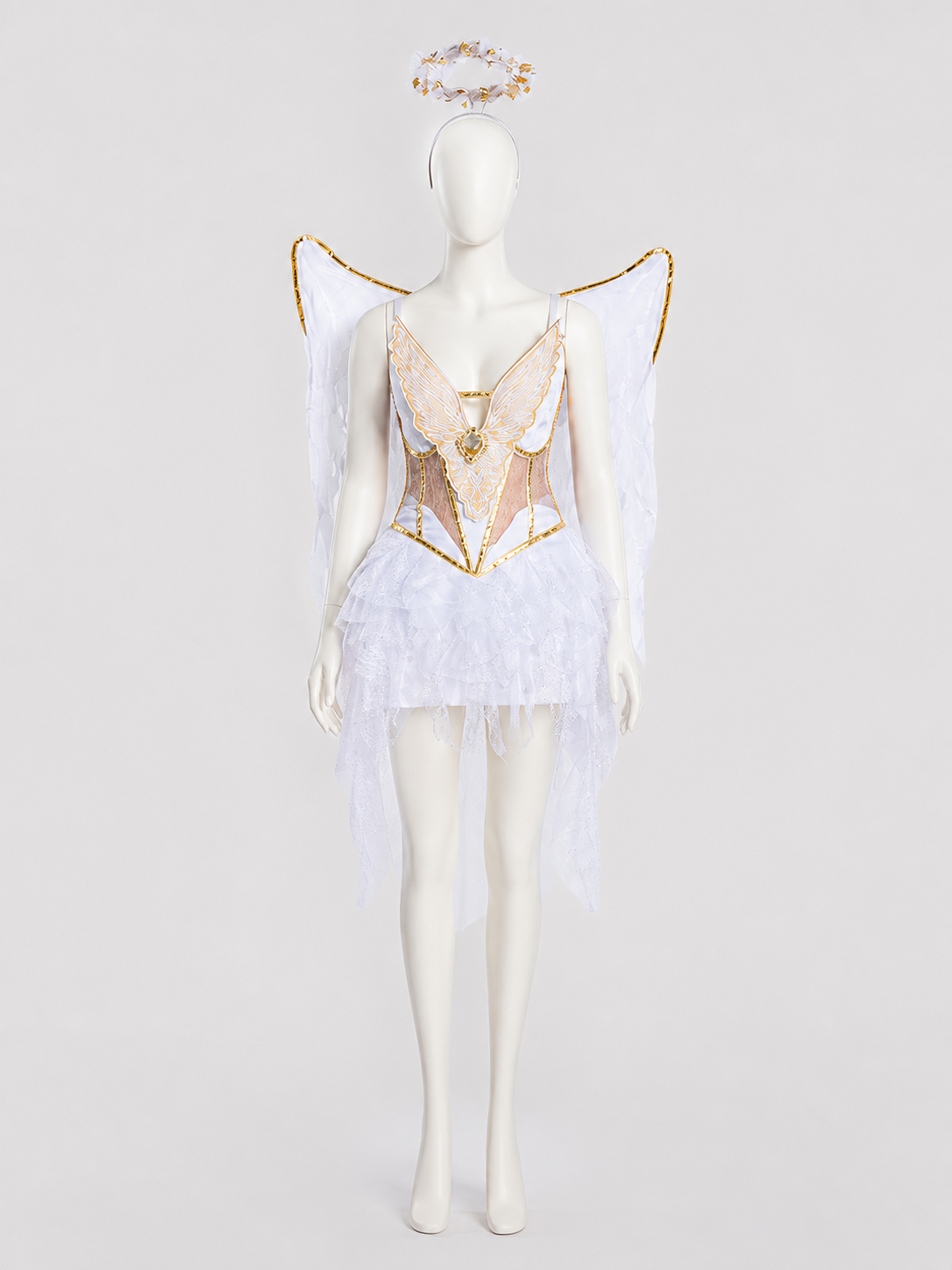 White Angel Costume with Wings and Halo for Halloween, M-XL side view