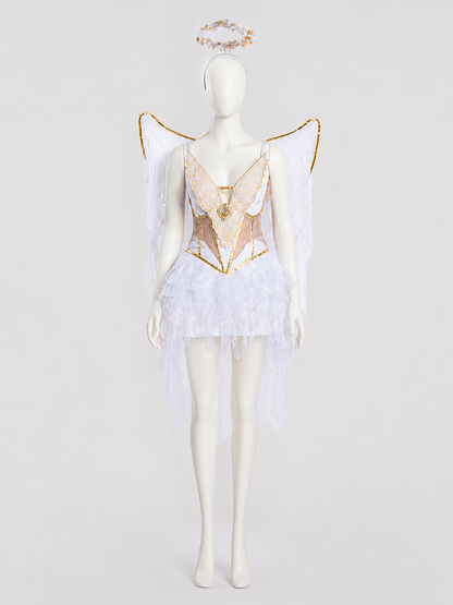 White Angel Costume with Wings and Halo for Halloween, M-XL side view