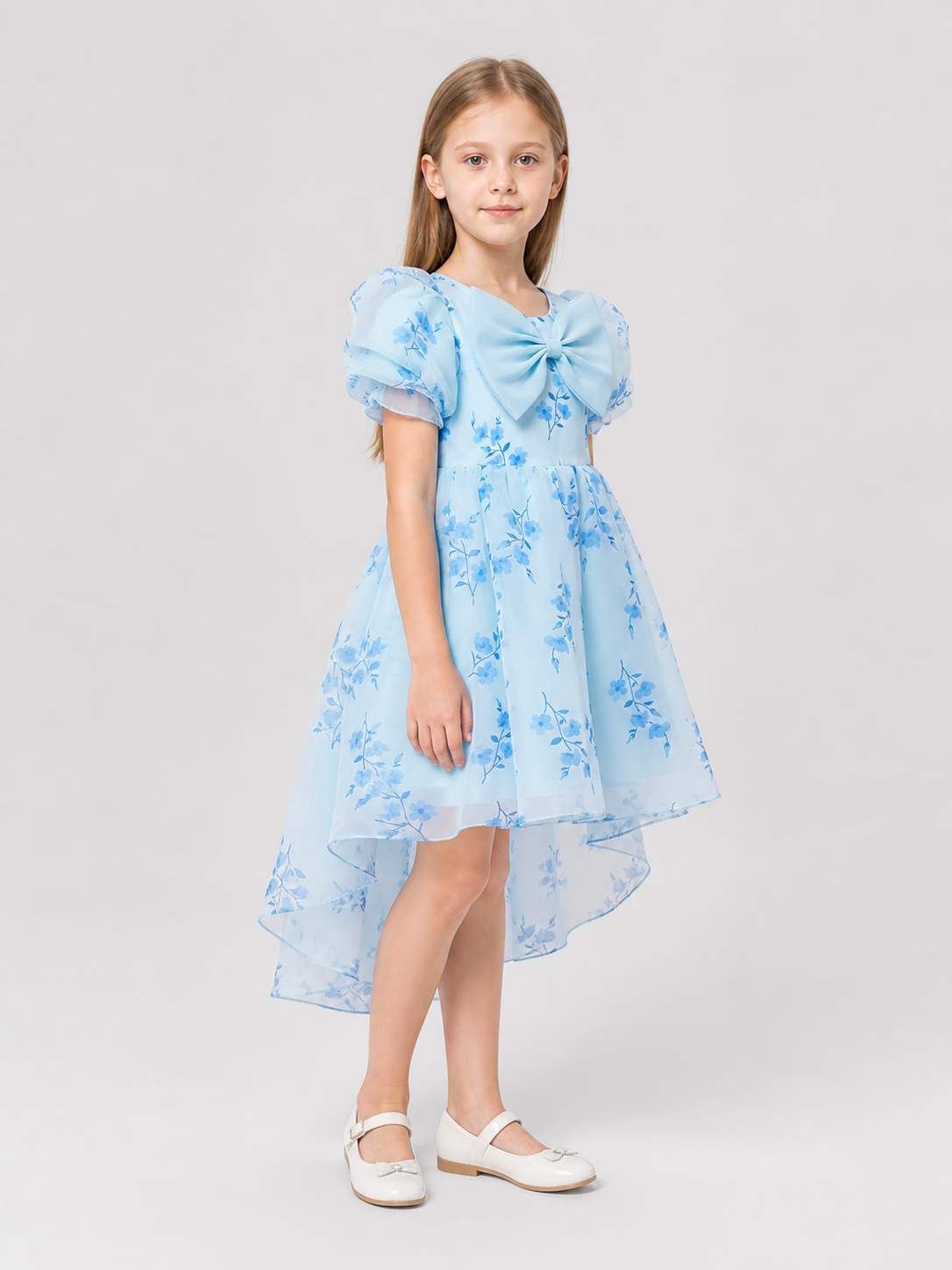 Fancy Dress with Light Blue Floral Print and Bow side view
