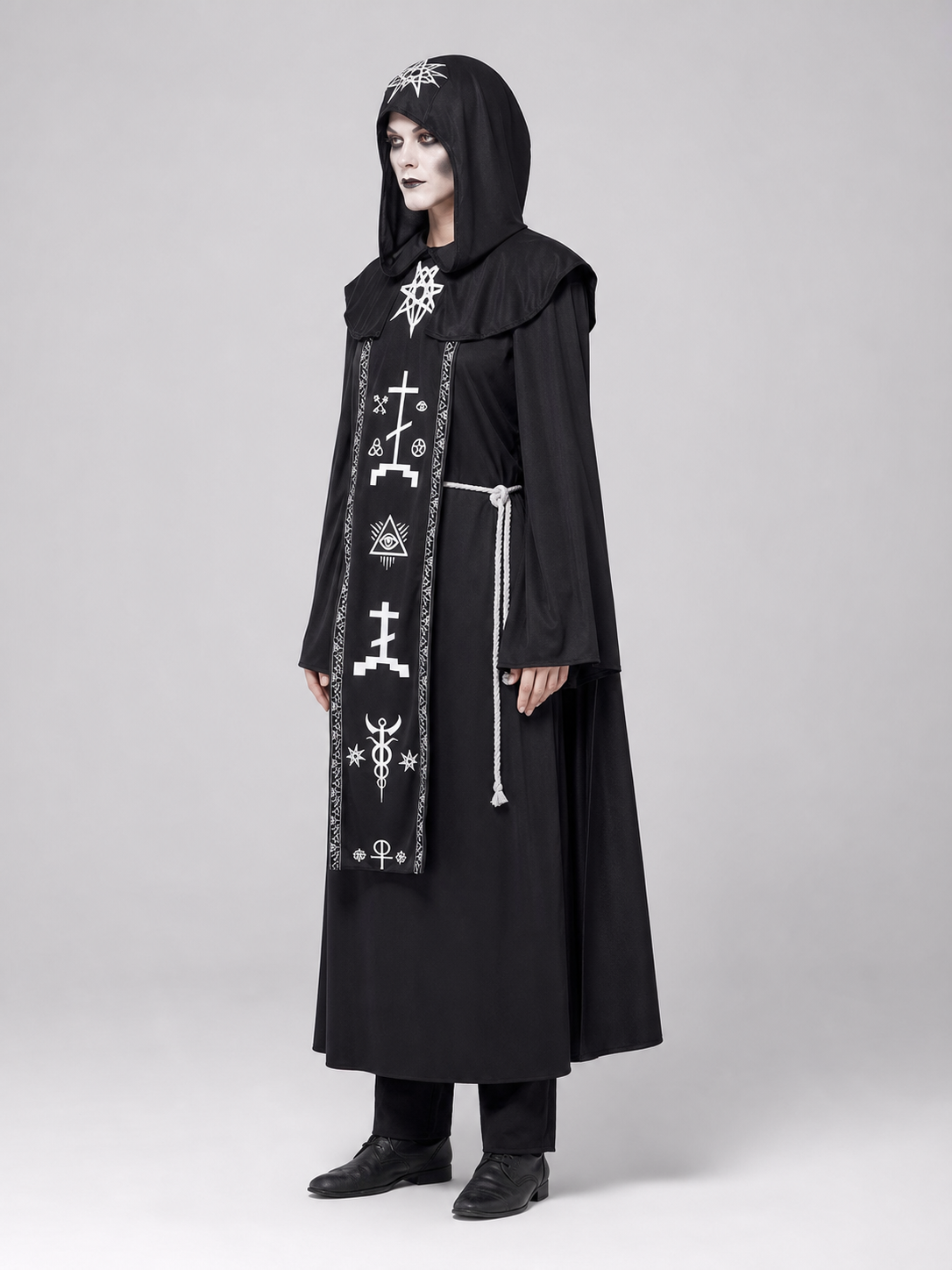 Gothic Black Hooded Robe with Symbols