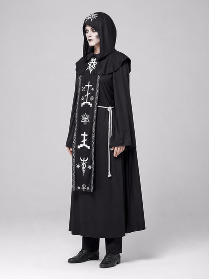 Gothic Black Hooded Robe with Symbols