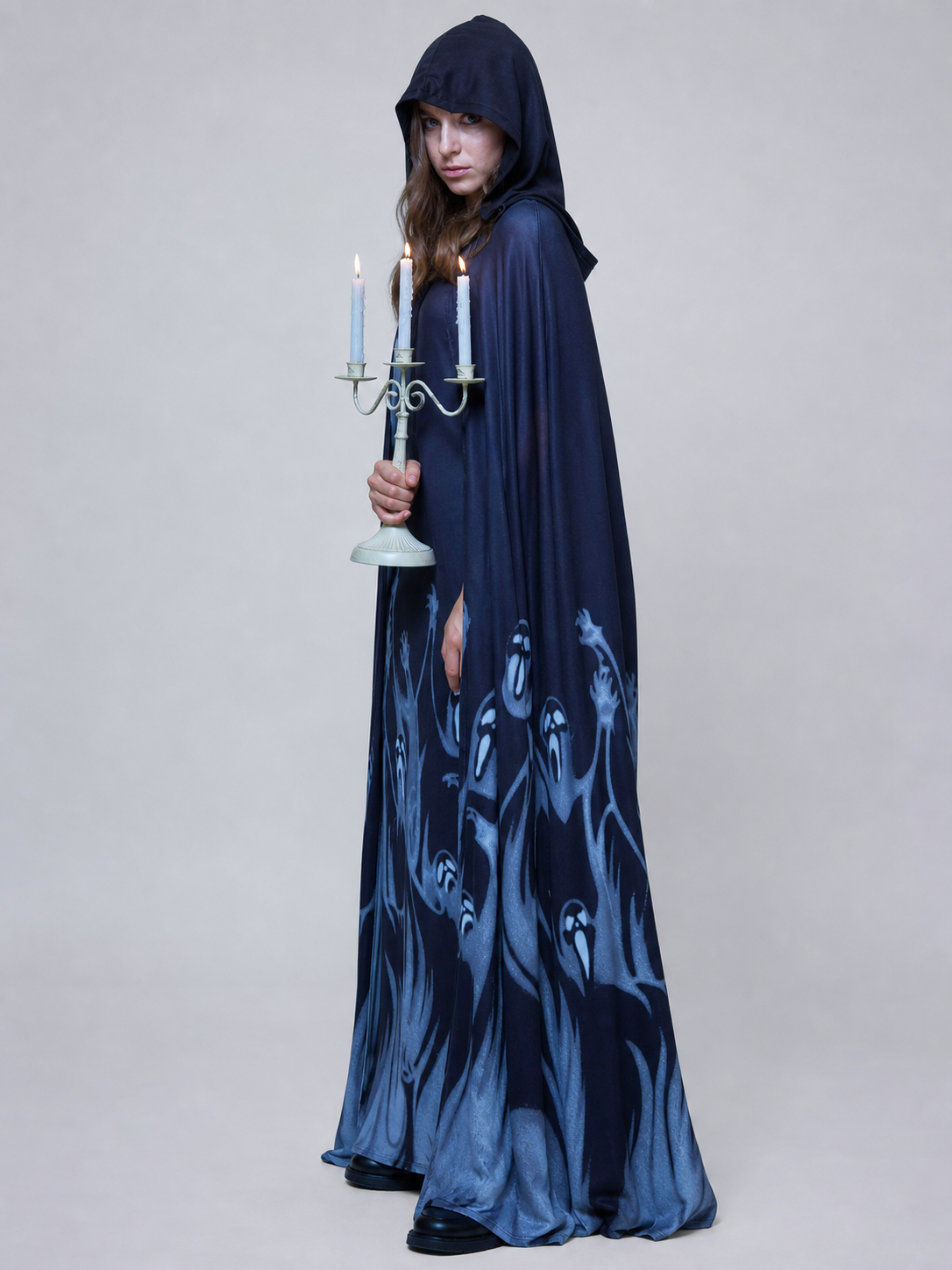 Long Black Hooded Robe with Ghost Pattern