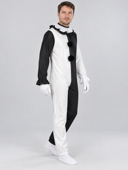 Black and White Clown Costume with Ruffles and Pom-Poms, 3 Pieces