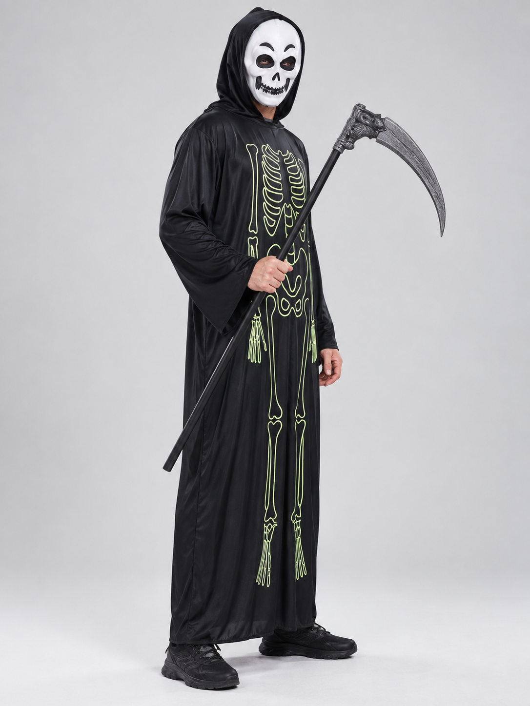 Black Skeleton Costume with Hood, Mask, and Scythe