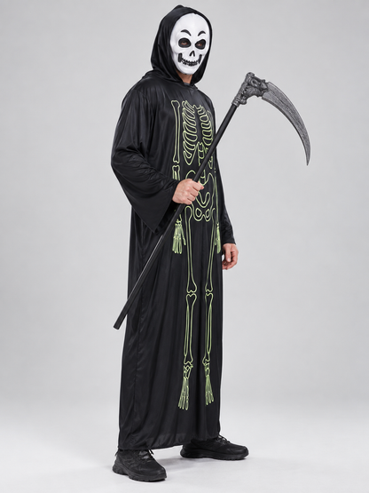 Black Skeleton Costume with Hood, Mask, and Scythe