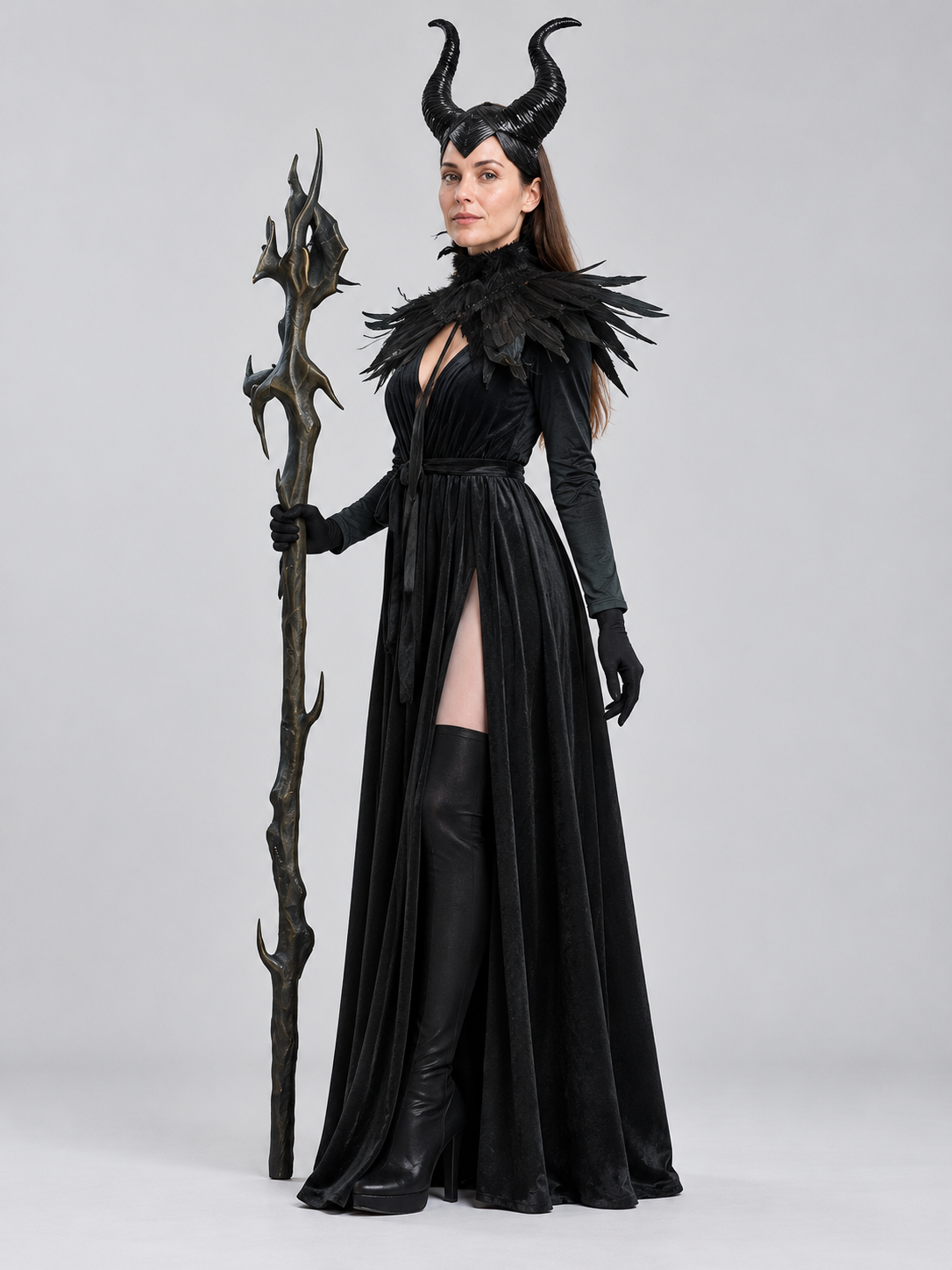 Witch costume: long black floor-length dress, feathers, horns