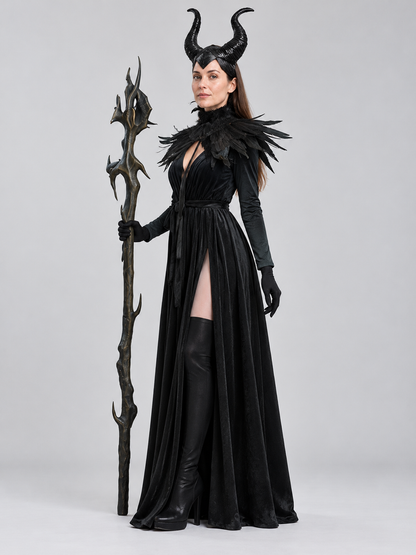 Witch costume: long black floor-length dress, feathers, horns