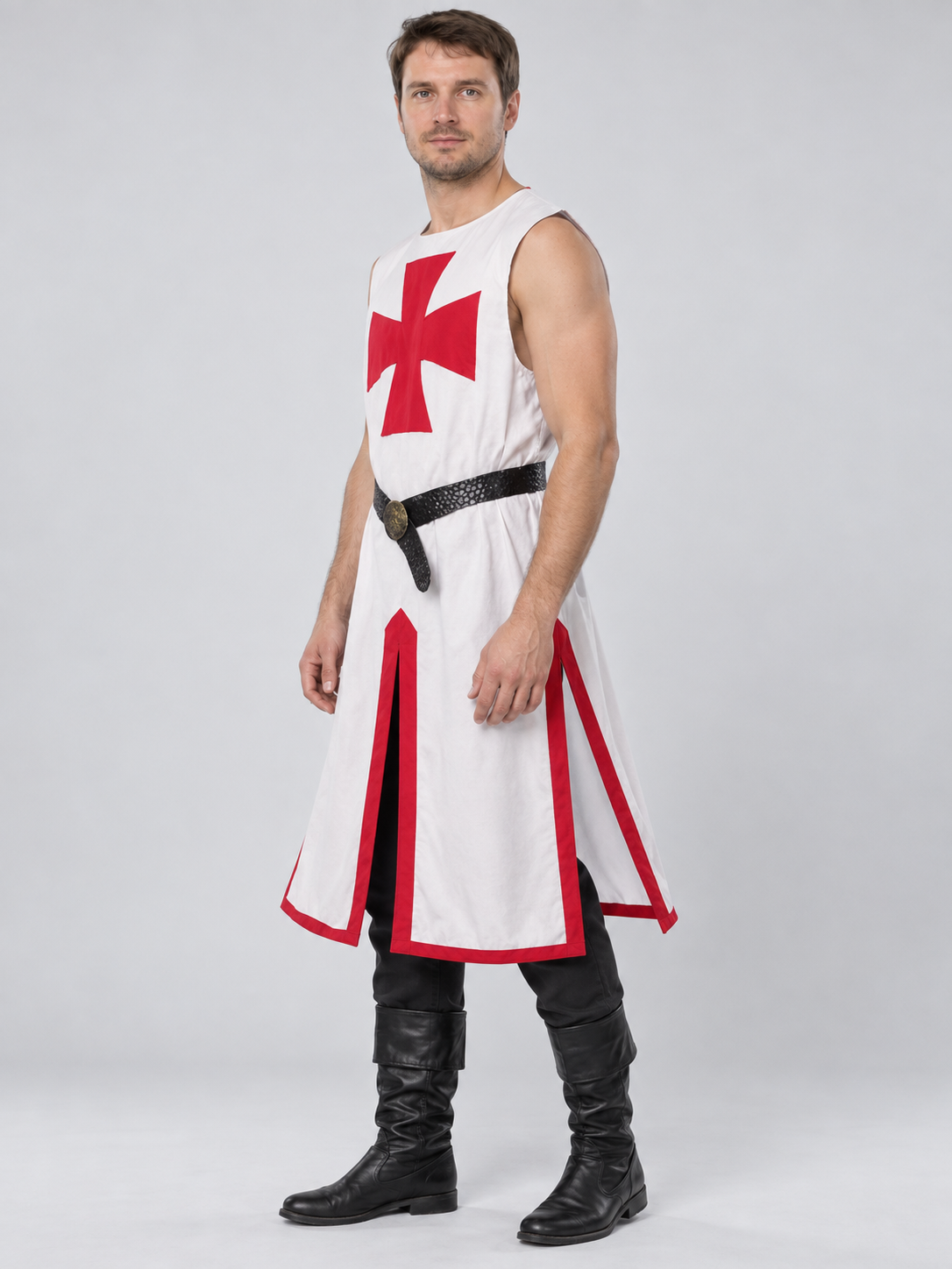 Crusader Costume: Red Sleeveless Tunic with Belt