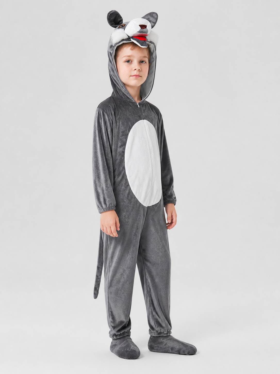 Gray Wolf Costume, Hooded Jumpsuit with Tail side view