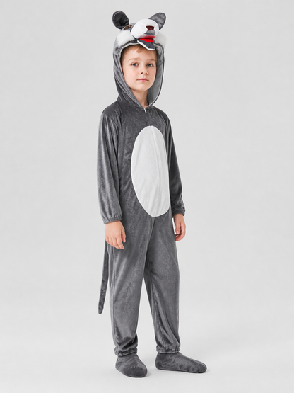 Gray Wolf Costume, Hooded Jumpsuit with Tail side view