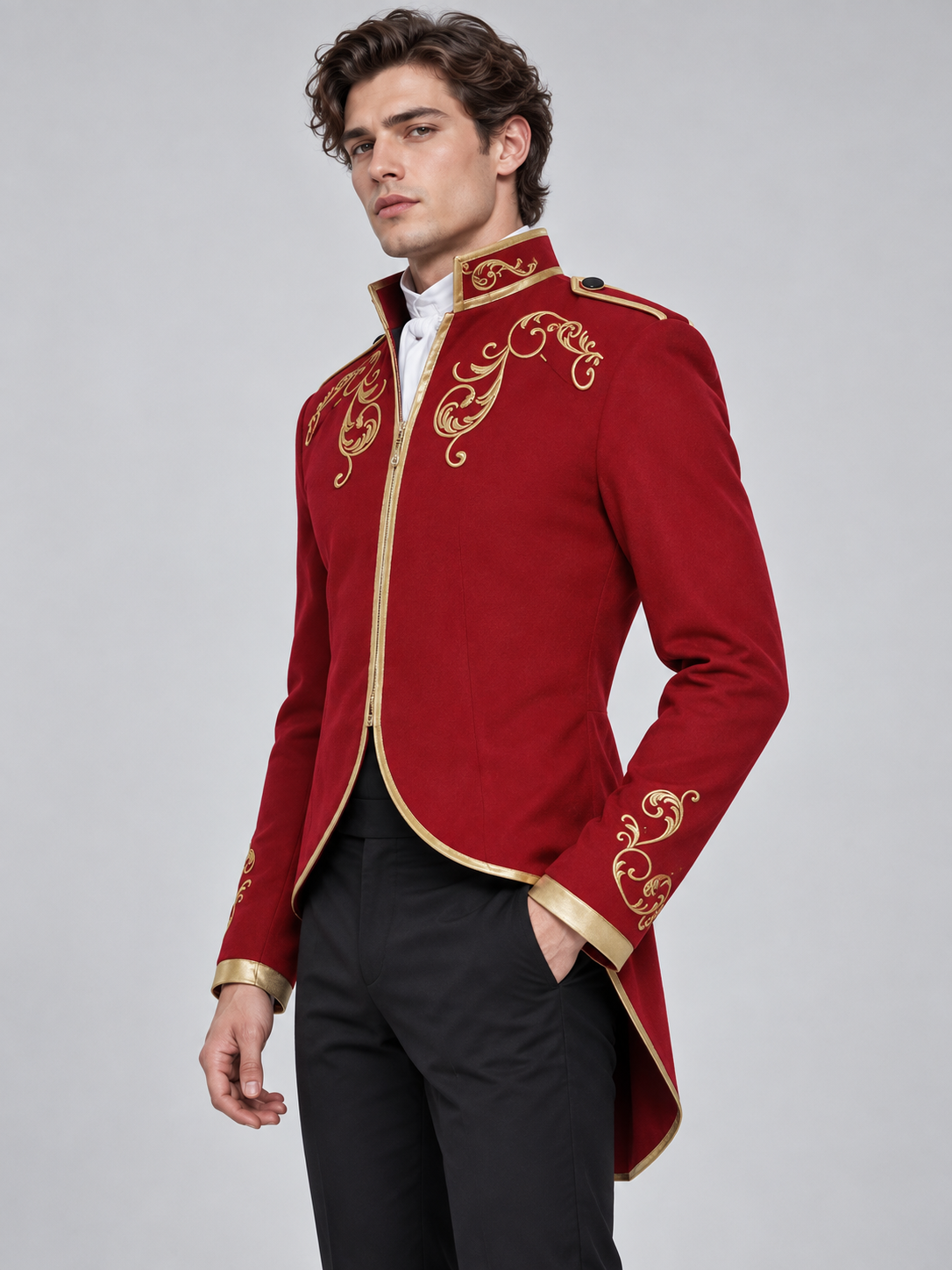 Red tailcoat with gold embroidery and zipper