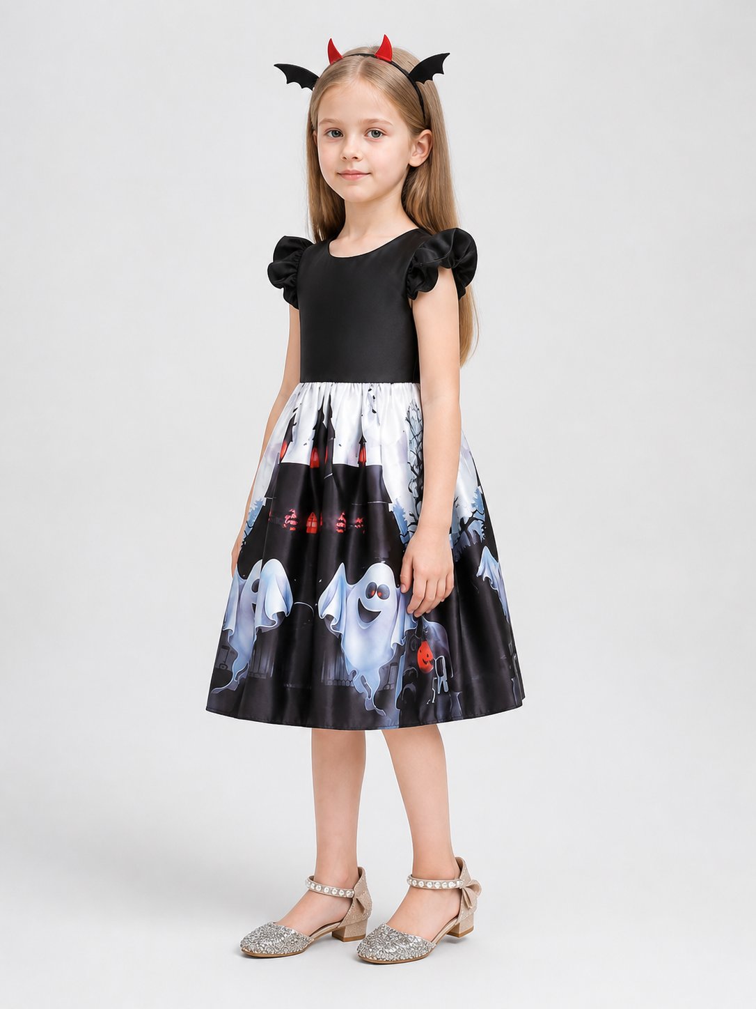 Halloween Dress with Pumpkin, Castle, and Ghost Prints