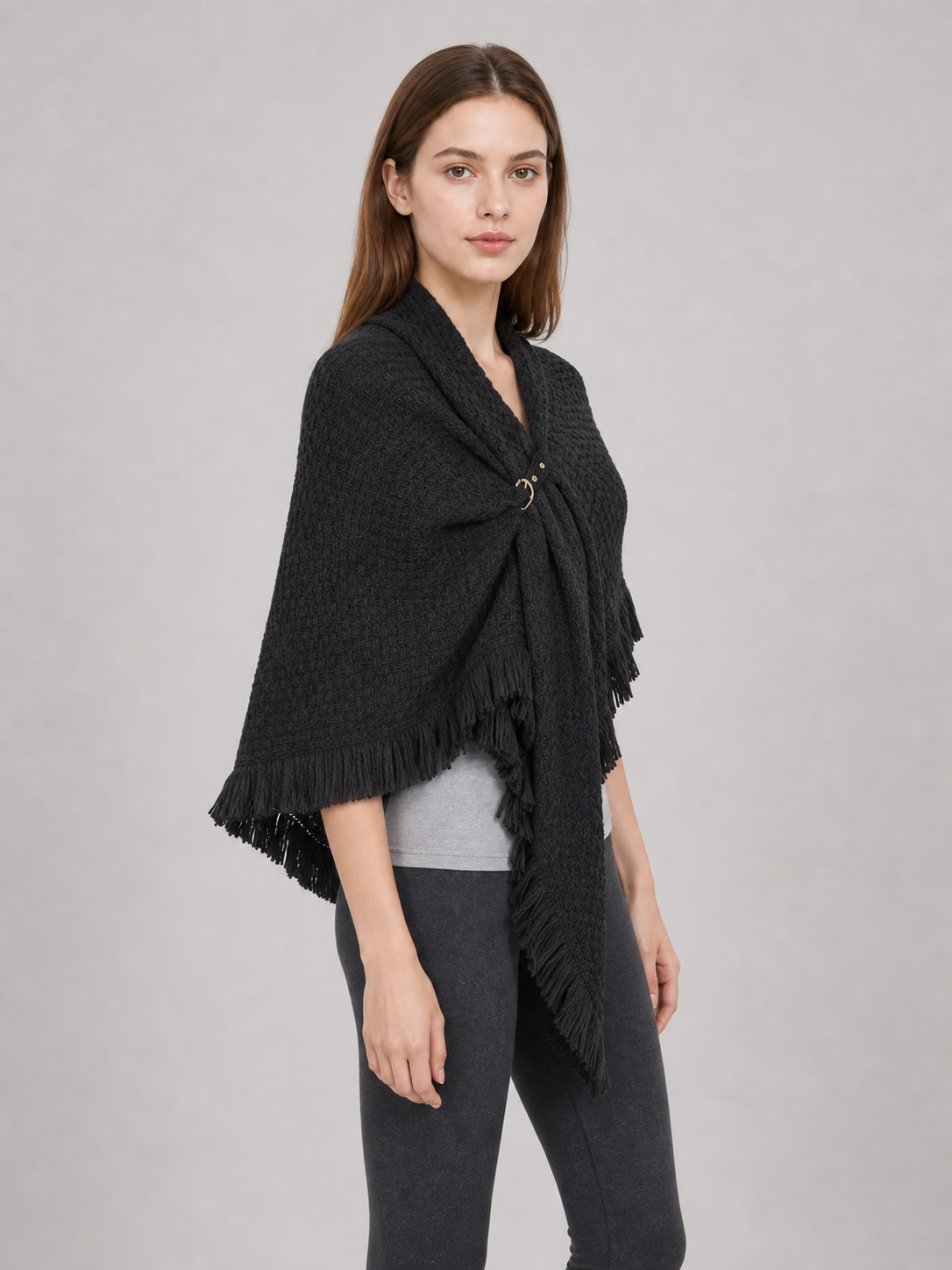 Black triangular wool shawl with fringe