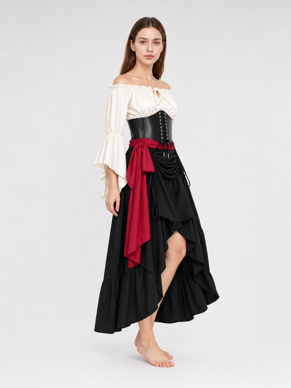The outfit includes a white off-the-shoulder blouse with a front tie and elbow-length flared sleeves, a black lace-up corset with metal-look grommets, and a black tiered skirt with an asymmetrical hem and gathered draping. The contrast betw