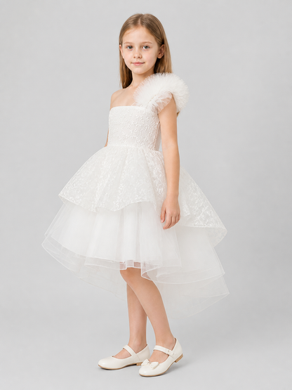 White Princess Dress for Girls with Lace and Tulle side view