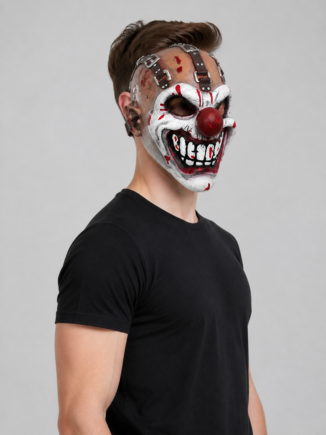 Full-face clown mask for cosplay with straps side view