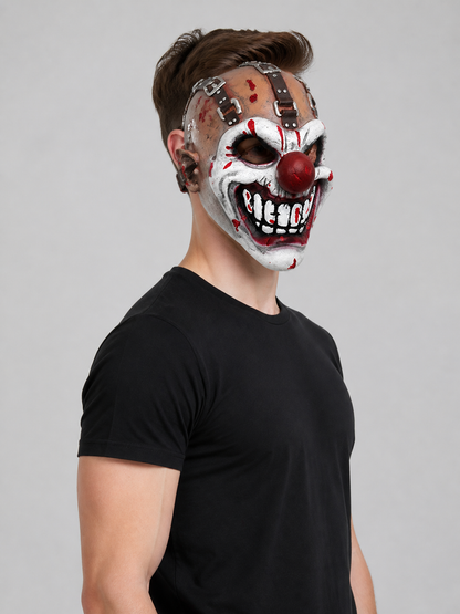 Full-face clown mask for cosplay with straps side view
