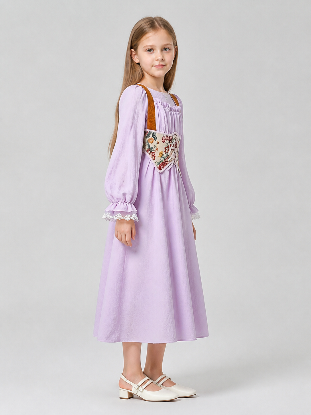 Lavender Dress for Girls with a Corset Panel side view