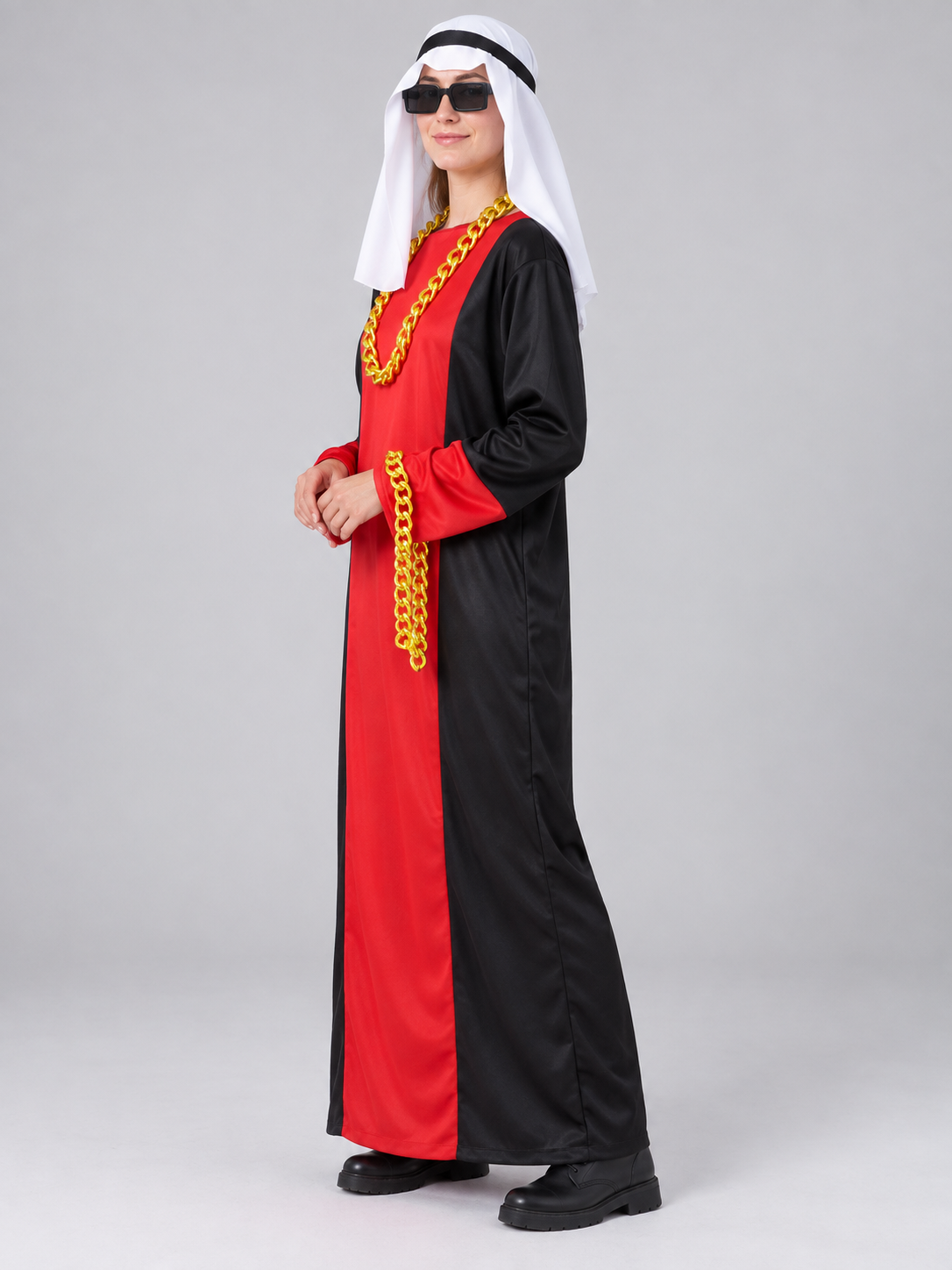 Red and black carnival costume with headpiece and chain