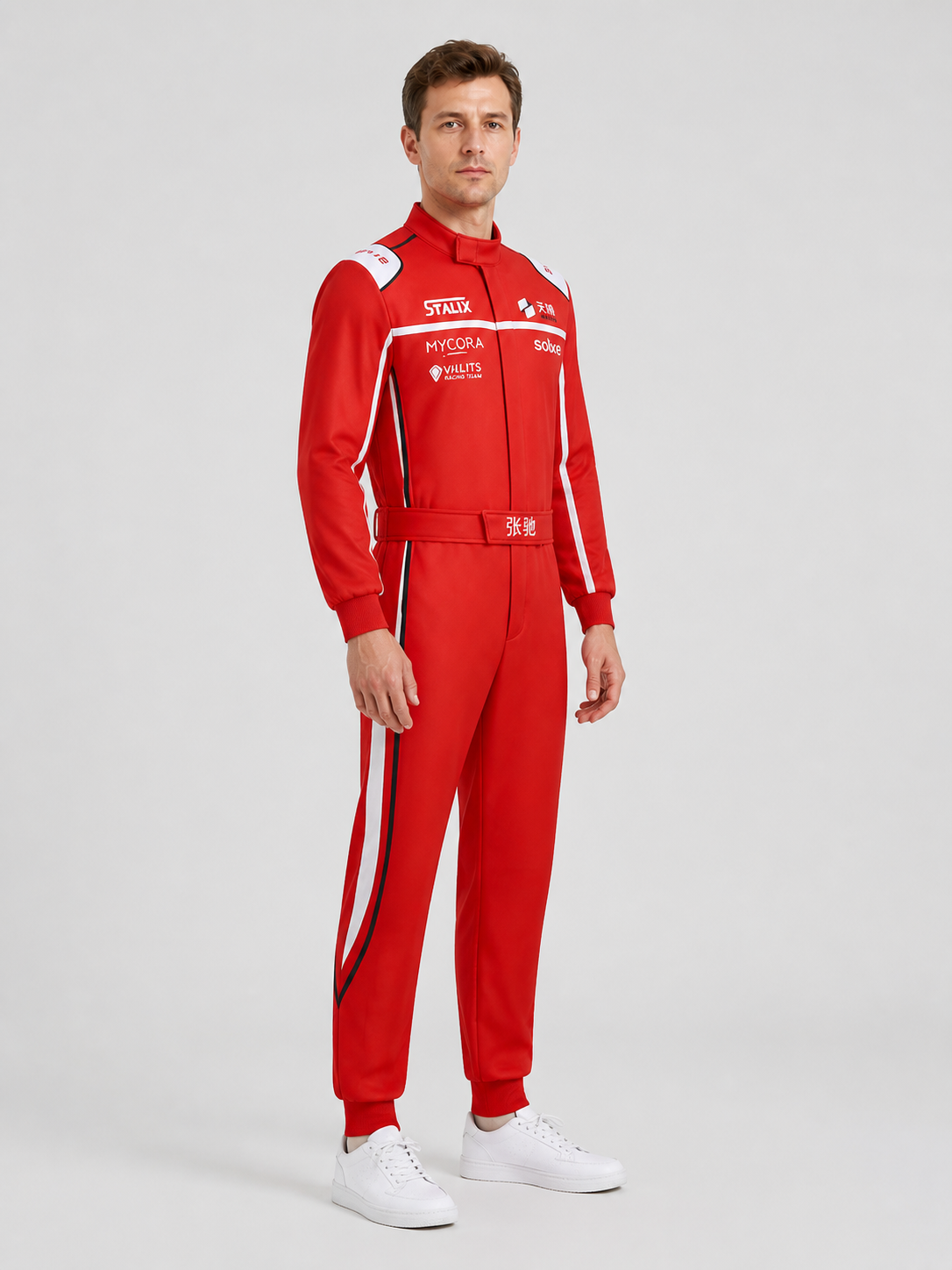 Red, White, and Black Racing Jumpsuit for Cosplay side view
