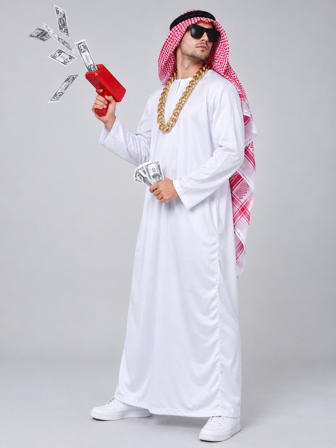 Carnival Costume with White Robe and Plaid Scarf