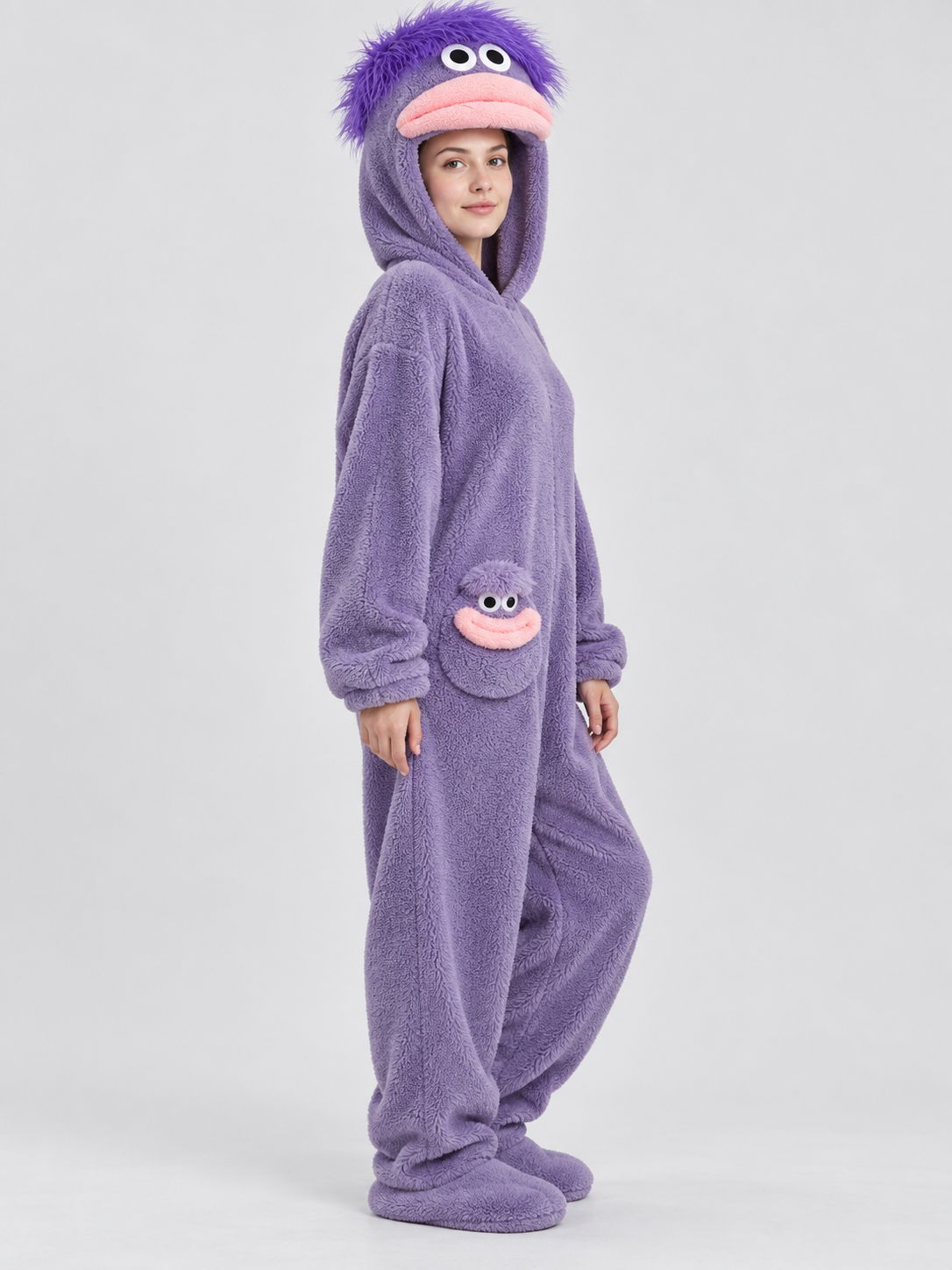 Purple Plush Cartoon Face Pajama Jumpsuit