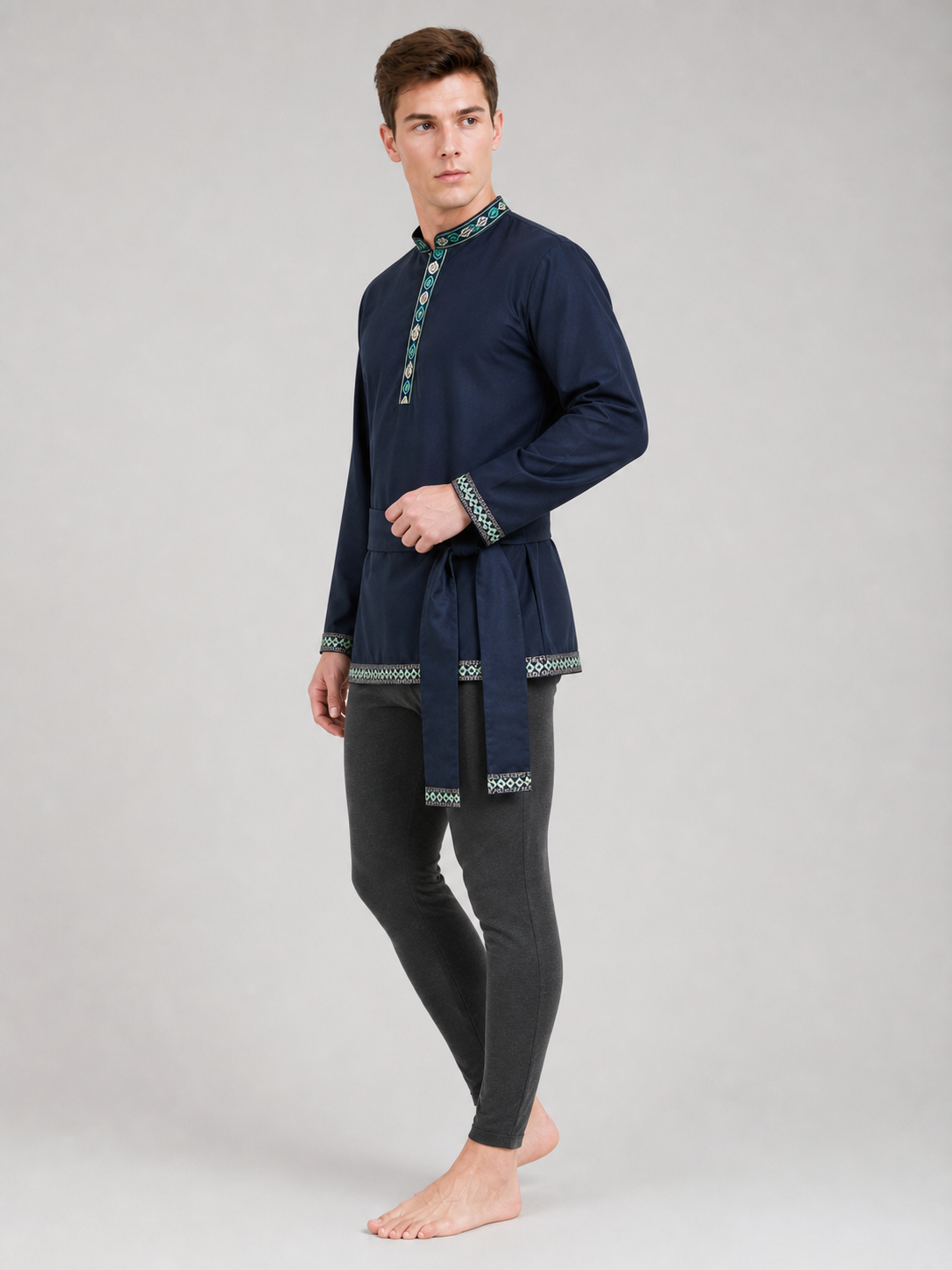 Tunic with a Belt and Embroidery, Dark Blue