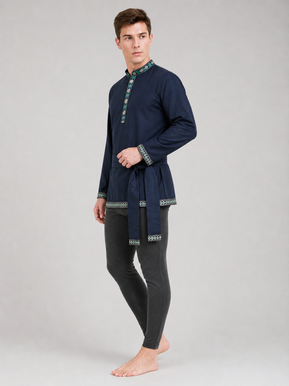 Tunic with a Belt and Embroidery, Dark Blue
