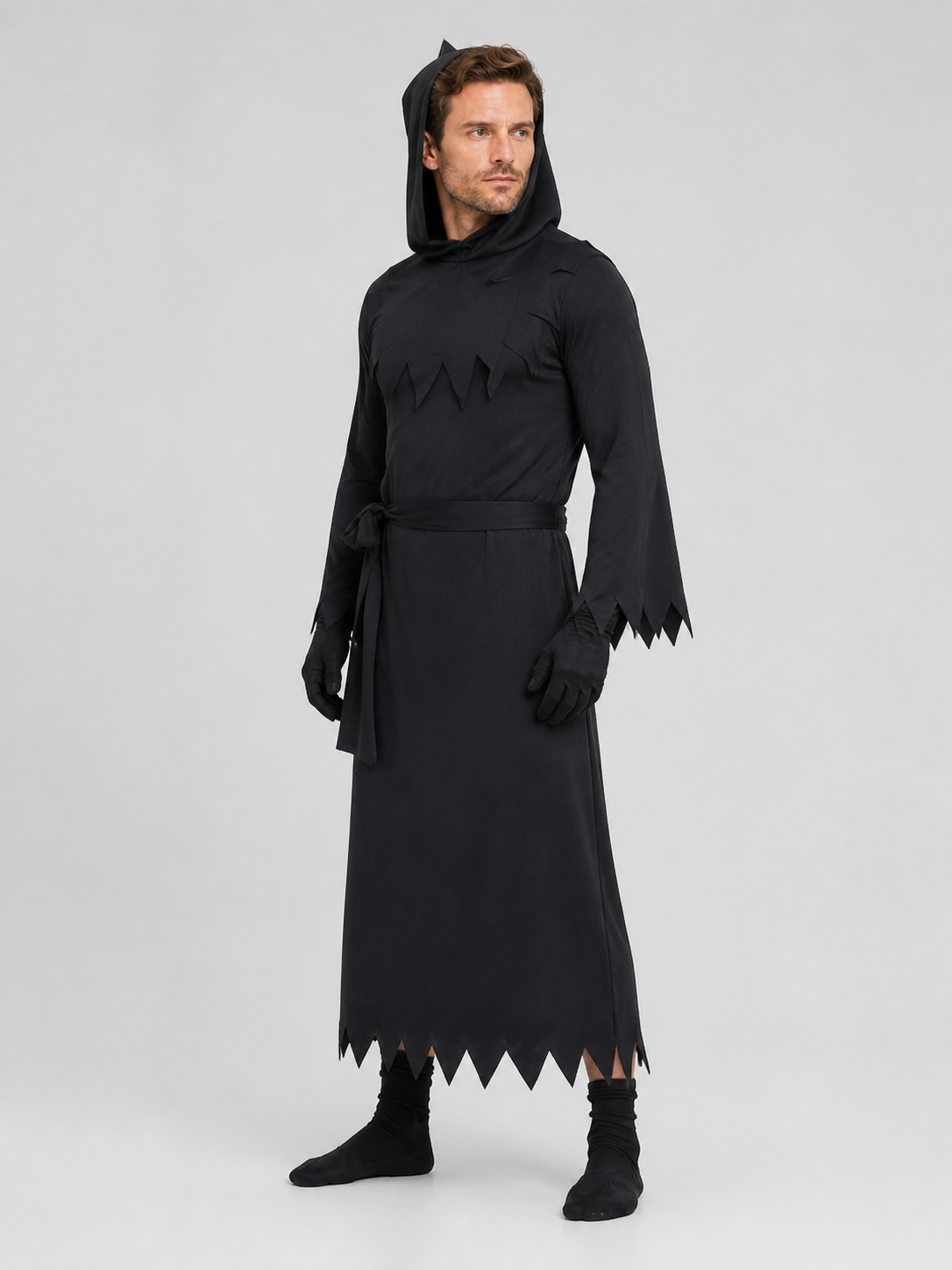 Black Reaper cosplay costume with hood side view