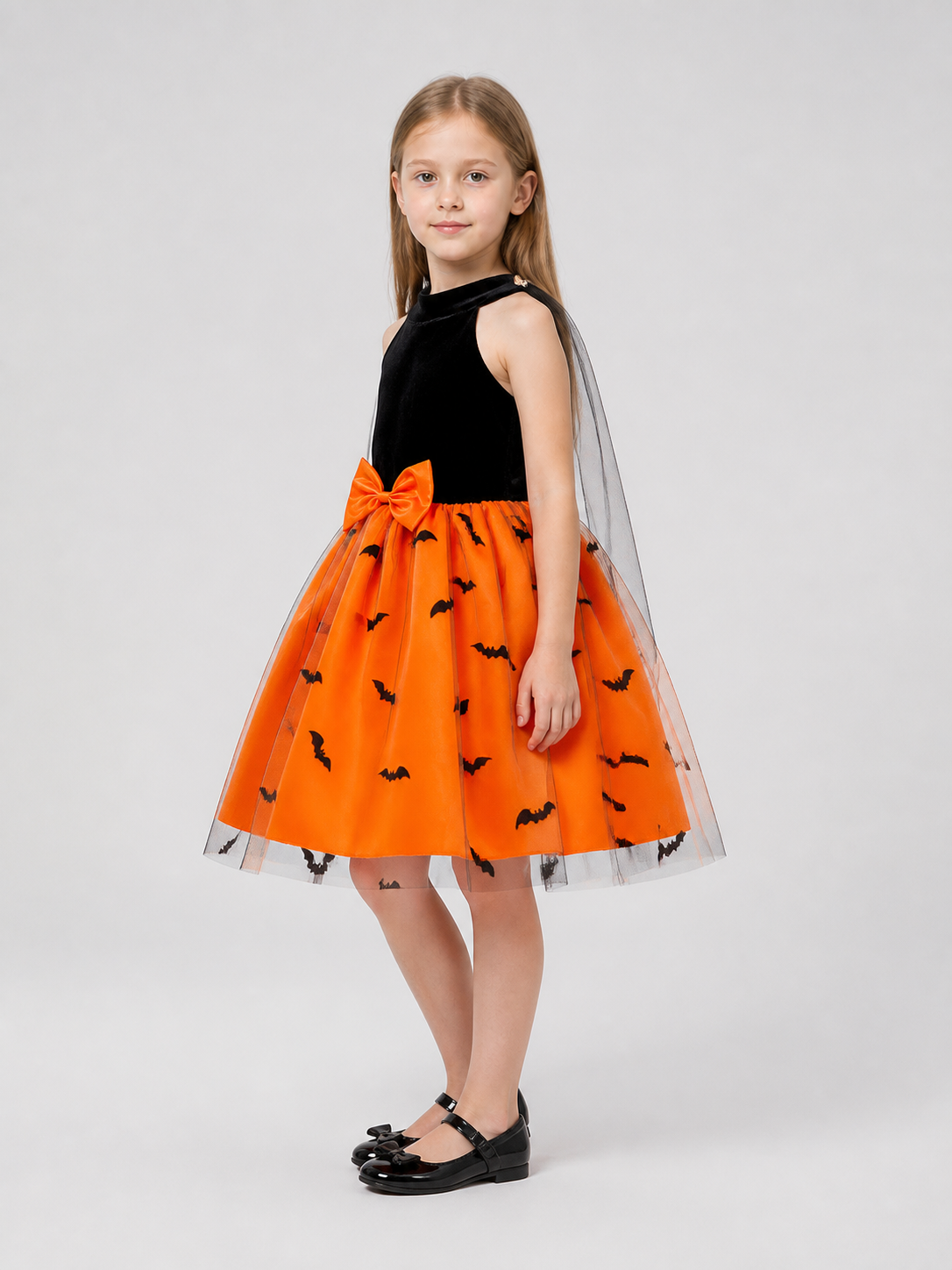 Puffy Kids' Halloween Dress with Bat Print side view