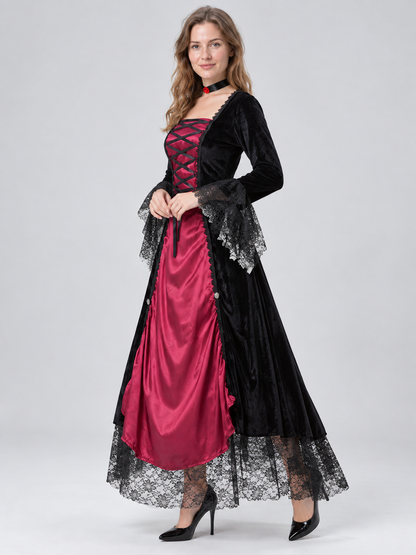 Black and Burgundy Carnival Dress with Lace and Lacing