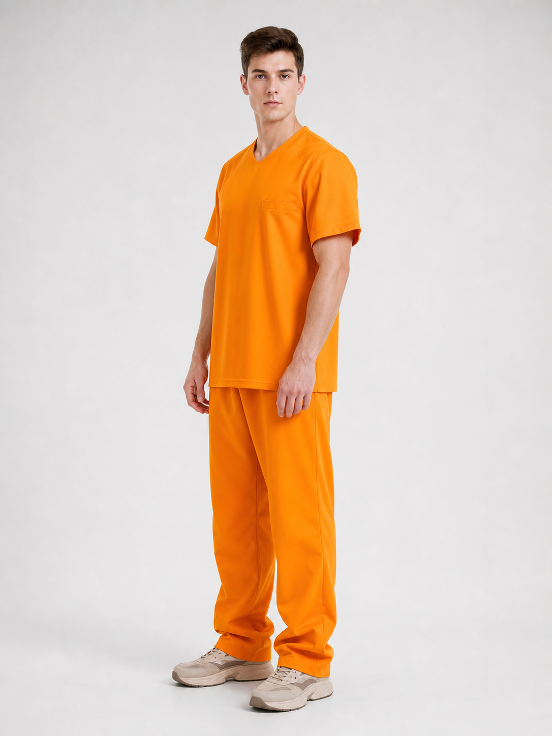 Men's Orange Prison Costume Two-Piece Set, Short-Sleeve Top With Chest Pocket And Matching Long Pants For Role Play
