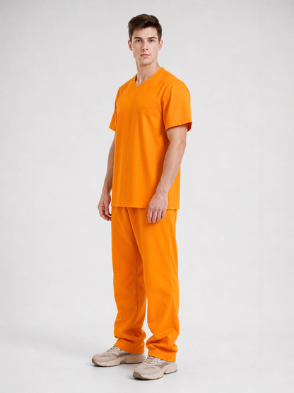 Men's Orange Prison Costume Two-Piece Set, Short-Sleeve Top With Chest Pocket And Matching Long Pants For Role Play