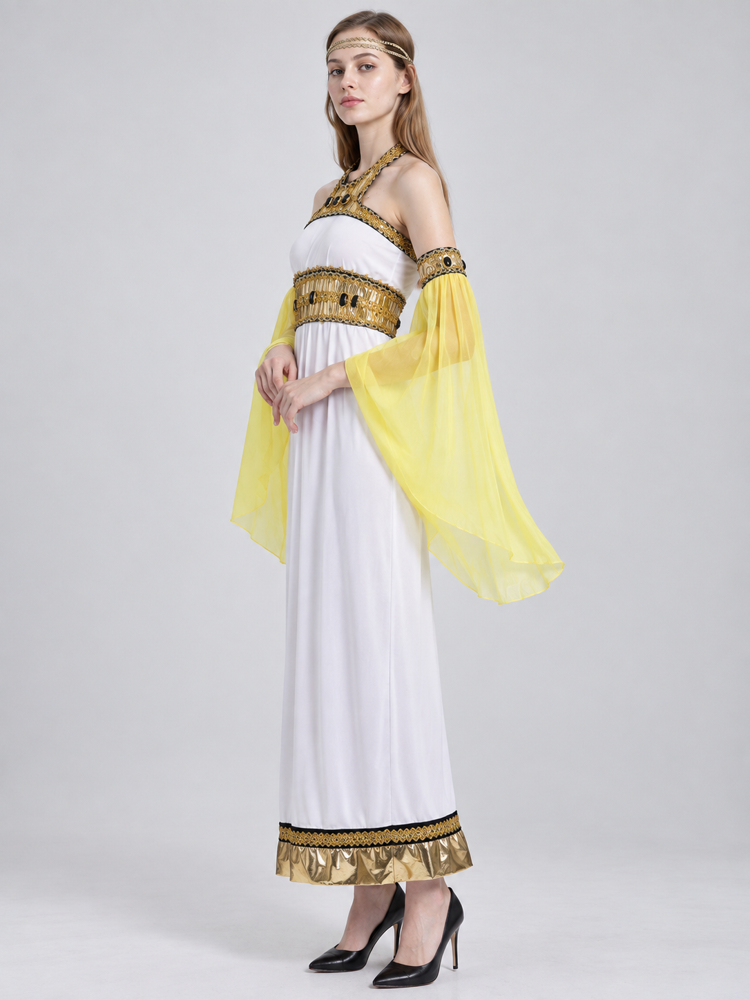 Carnival Costume with a White Dress and Yellow Sleeves side view