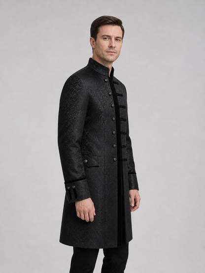 Long Black Jacquard Coat with Stand Collar