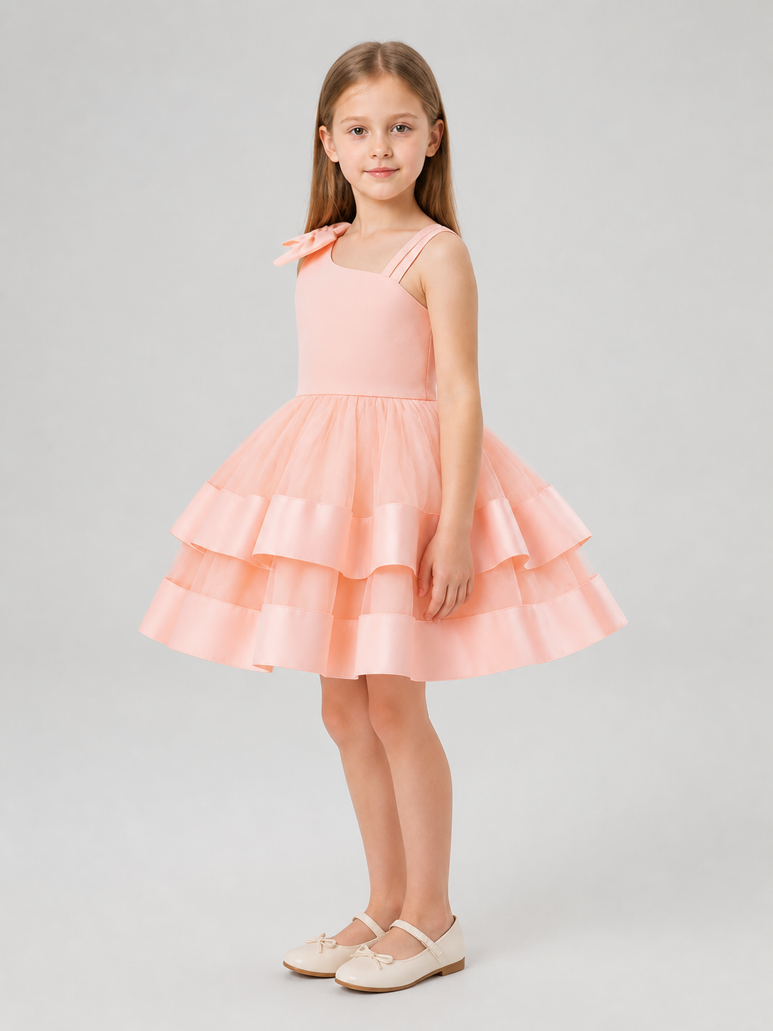 Girls' Pink Tutu Dress with One-Shoulder Bow side view