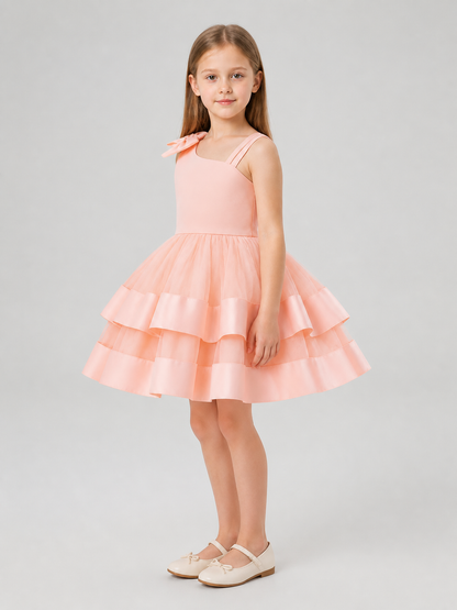 Girls' Pink Tutu Dress with One-Shoulder Bow side view